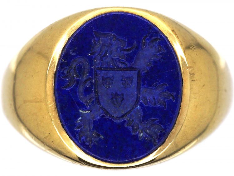 Mid 20th Century 9ct Gold & Lapis Signet Ring with Intaglio of a Lion