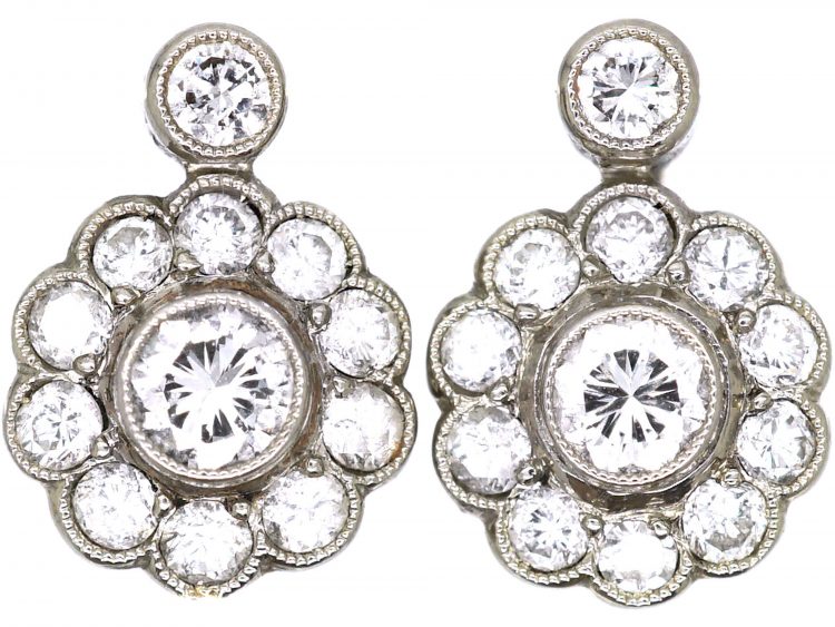 Art Deco 14ct White & Yellow Gold Diamond Daisy Cluster Earrings