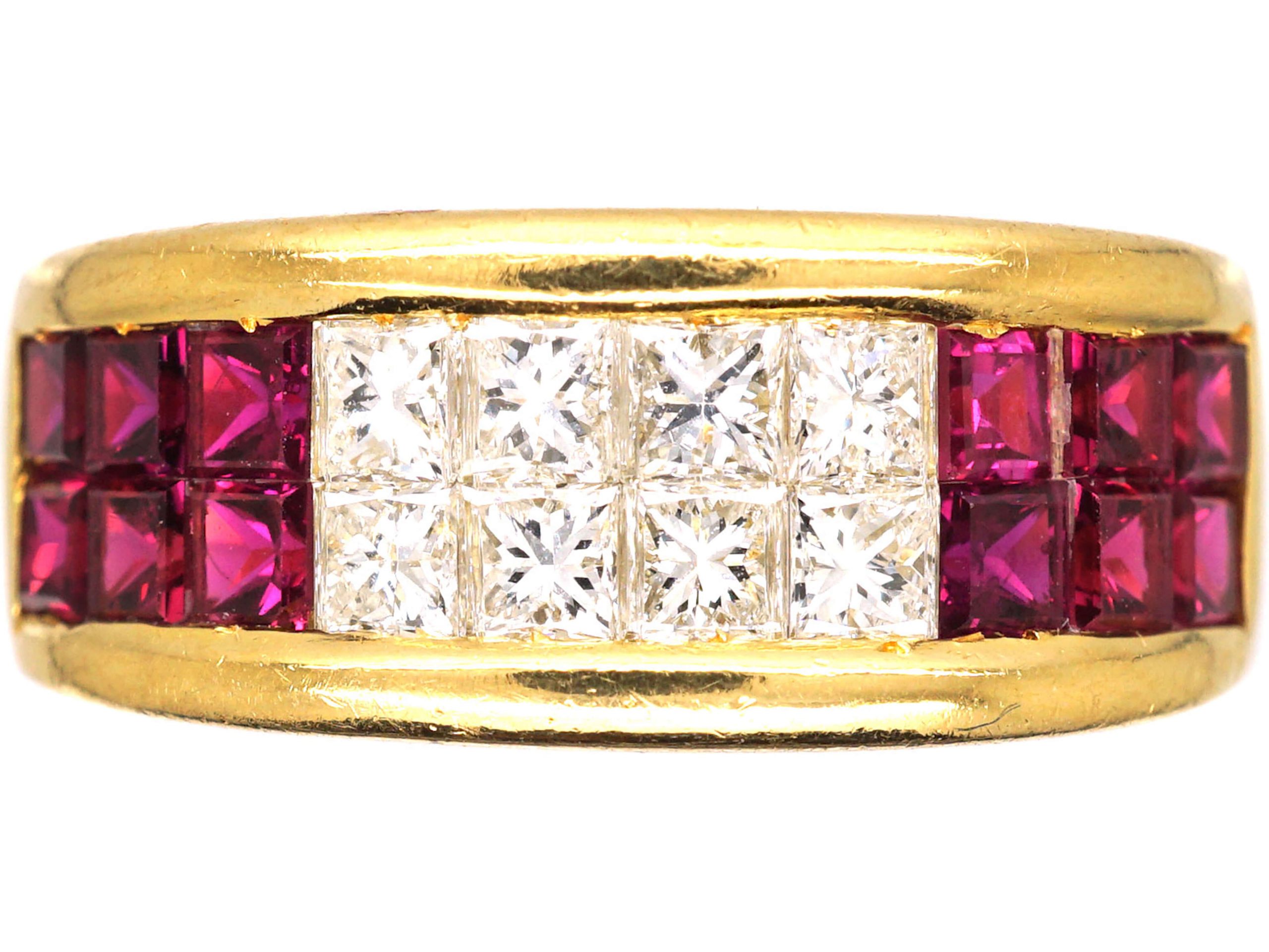 18ct Gold, Square Cut Ruby & Square Cut Diamond Ring (709S) The