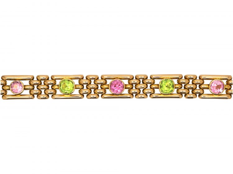 Edwardian 15ct Gold, Pink Tourmaline & Peridot Gate Bracelet