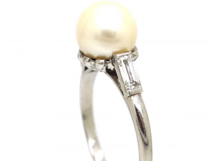 Art Deco 18ct White Gold , Cultured Pearl Ring with Baguette Diamond Shoulders