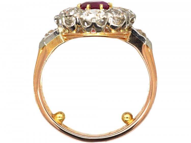 French Belle Epoque 18ct Gold, Burma Ruby & Diamond Cluster Ring with Diamond Set Shoulders