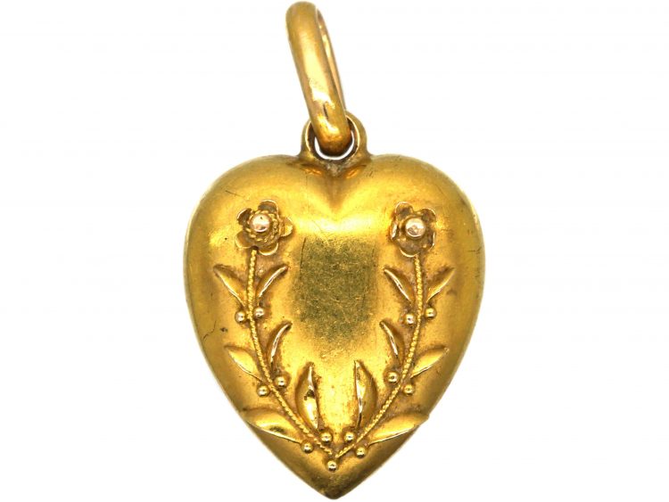 Victorian 15ct Gold Heart Shaped Pendant with Applied Gold Flowers