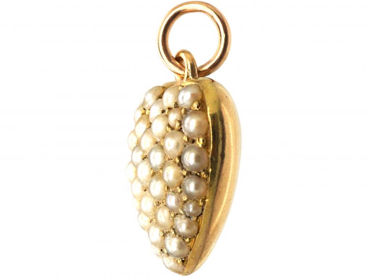 Edwardian 15ct Gold Pave Set Natural Split Pearl Heart Shaped Pendant