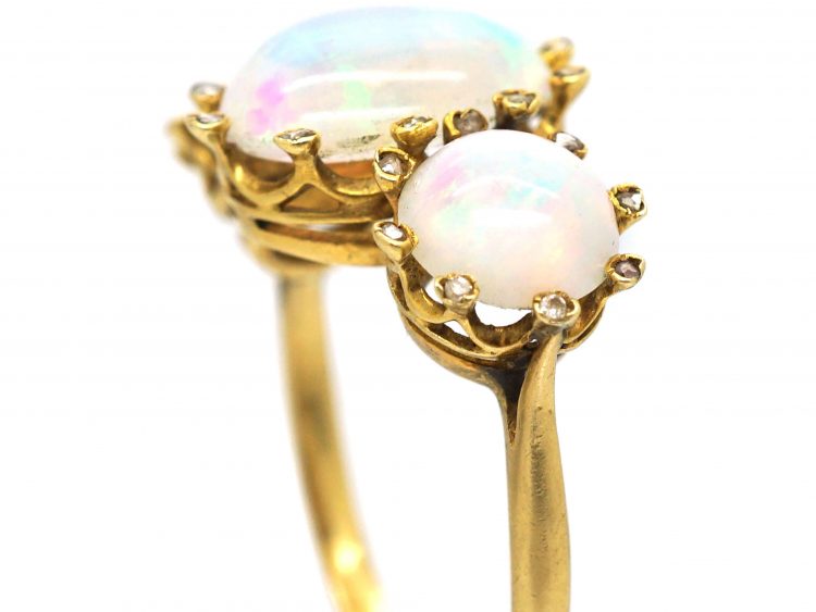 Edwardian 18ct Gold, Three Stone Opal Ring with Diamond Set Claws