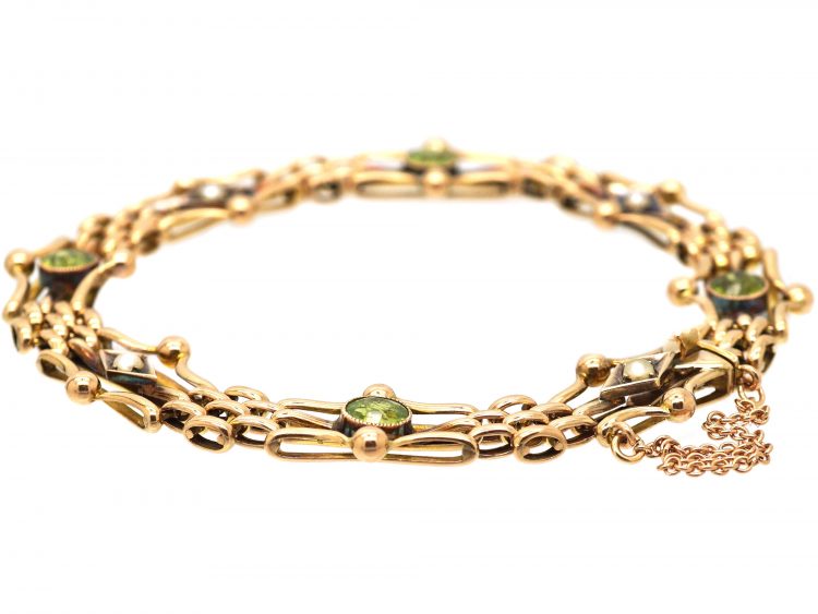 Edwardian 9ct Gold, Peridot & Natural Split Pearl Bracelet