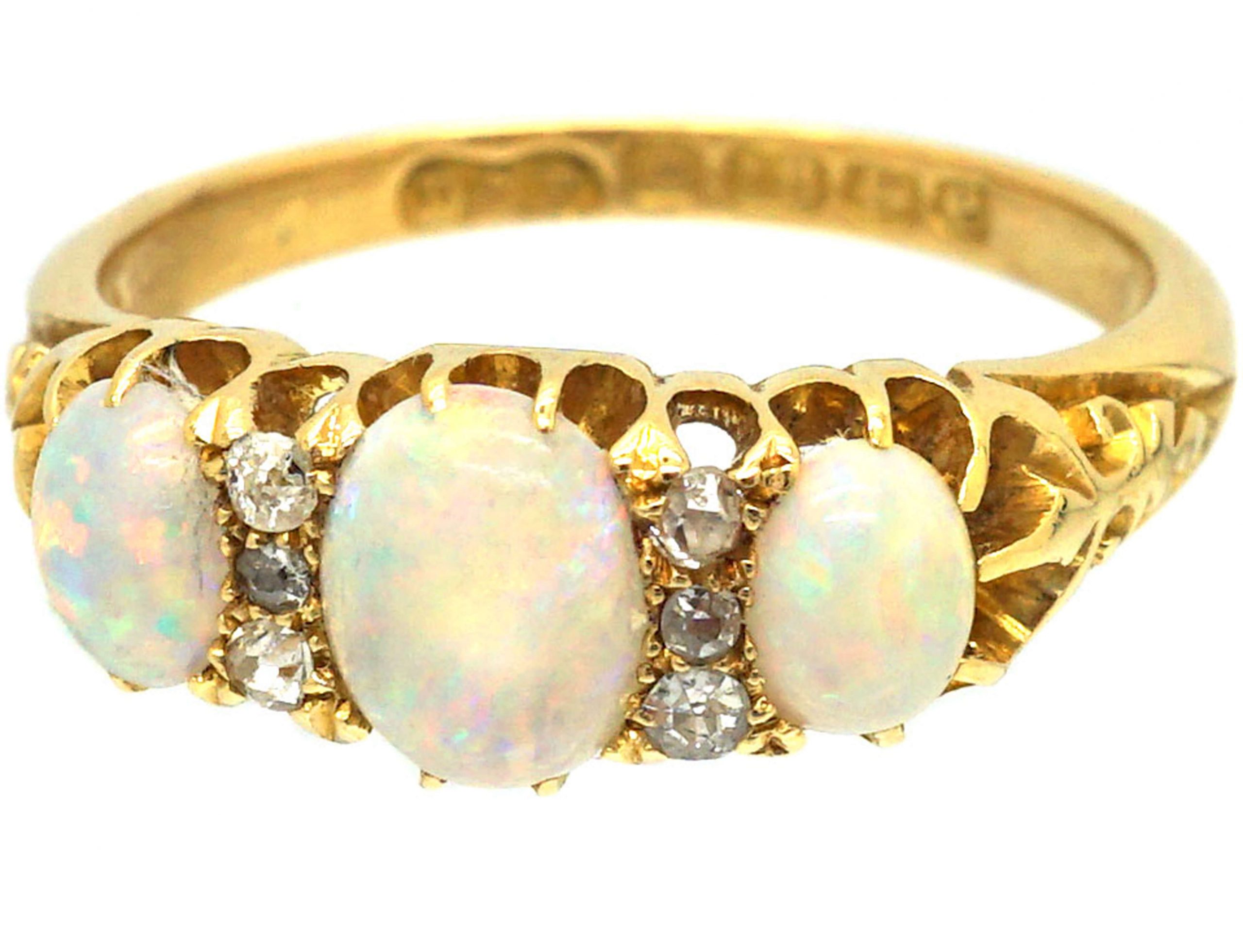 Edwardian 18ct Gold, Three Stone Opal & Diamond Ring by Deakin ...