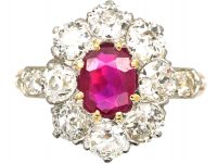 French Belle Epoque 18ct Gold, Burma Ruby & Diamond Cluster Ring with Diamond Set Shoulders
