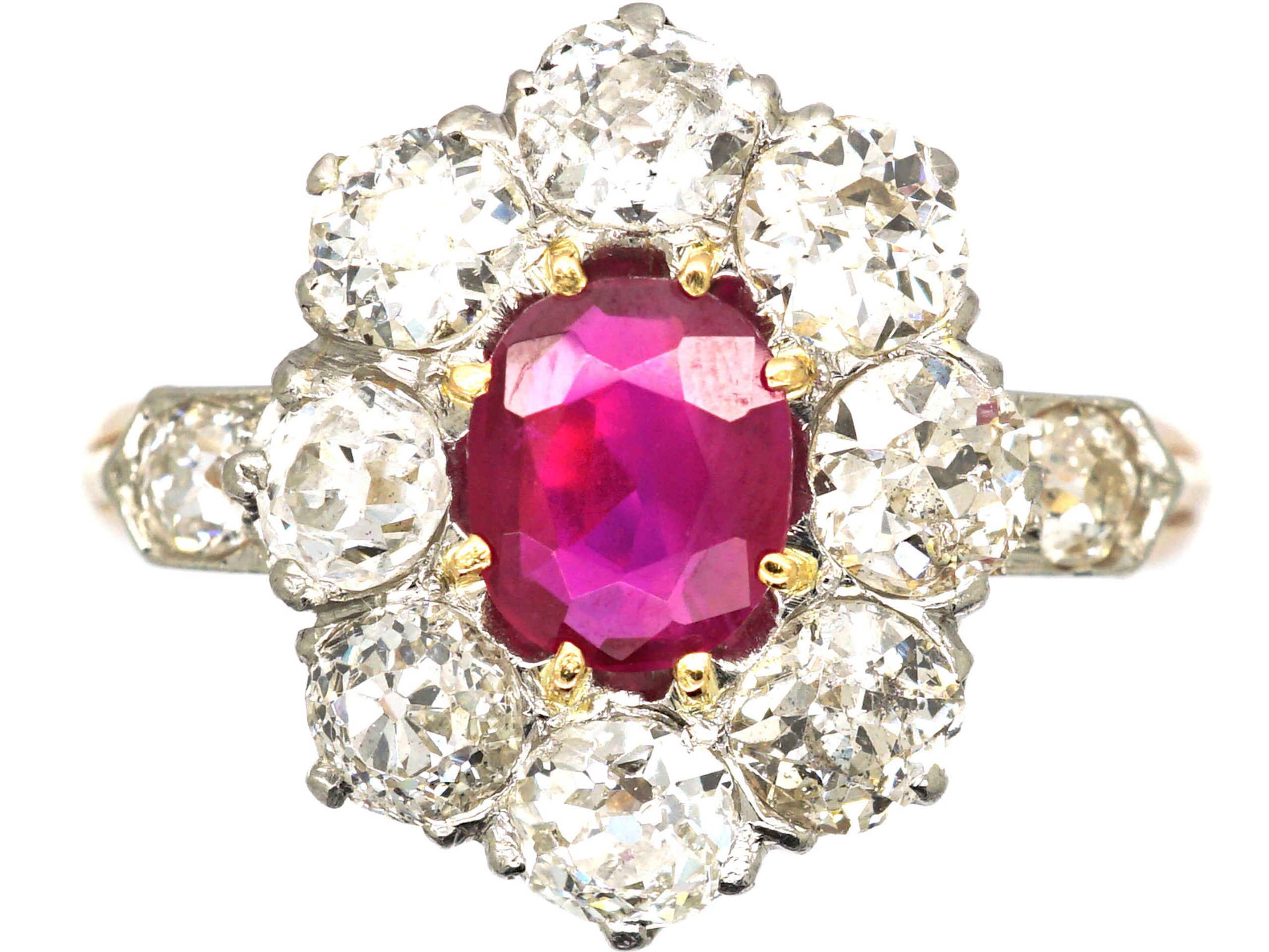 French Belle Epoque 18ct Gold, Burma Ruby & Diamond Cluster Ring with ...