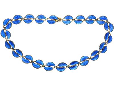 1950s Silver & Blue Enamel Double Leaf Necklace by Willy Winnaess for David Andersen