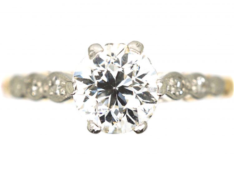 Art Deco 18ct Gold & Platinum Diamond Solitaire Ring with Diamond Set Shoulders