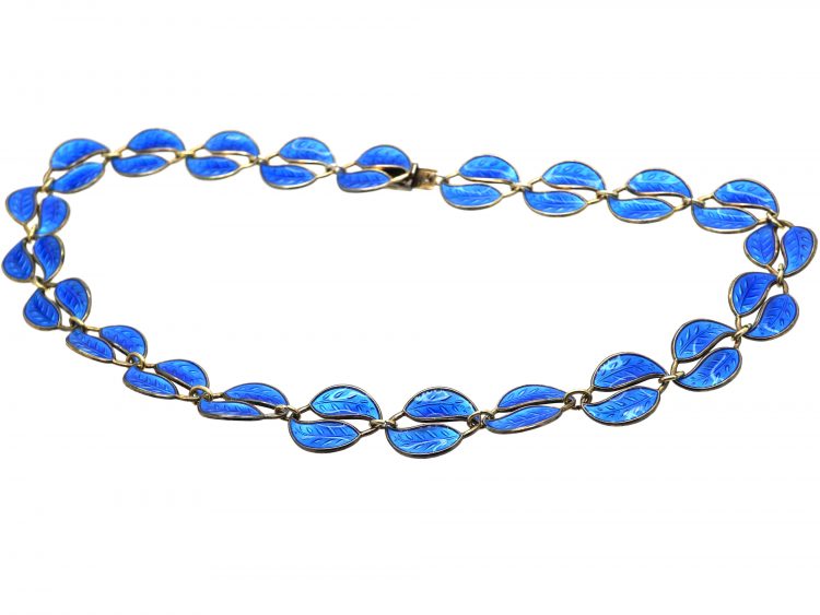 1950s Silver & Blue Enamel Double Leaf Necklace by Willy Winnaess for David Andersen