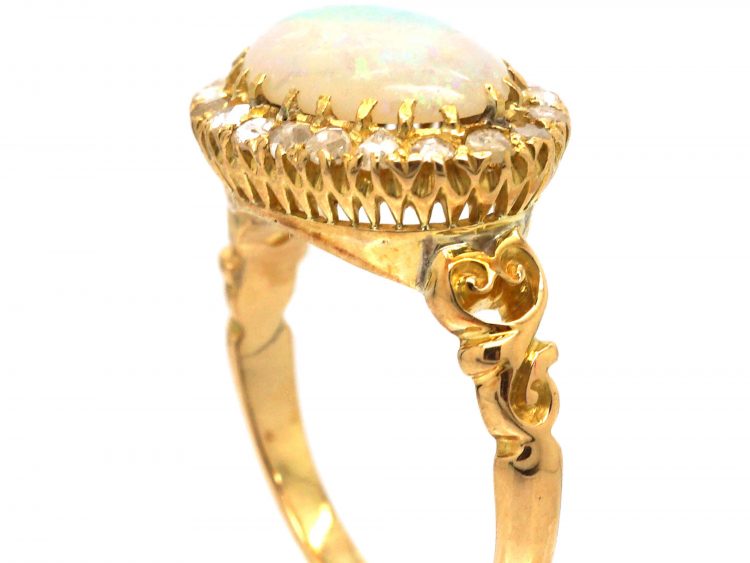 Edwardian 18ct Gold, Opal & Rose Diamond Cluster Ring