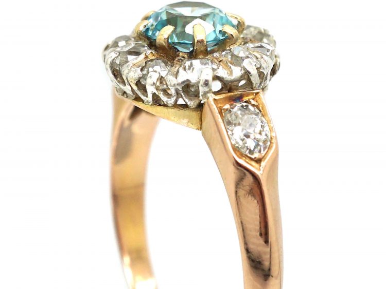 Edwardian Zircon & Diamond Cluster Ring with Diamond Set Shoulders