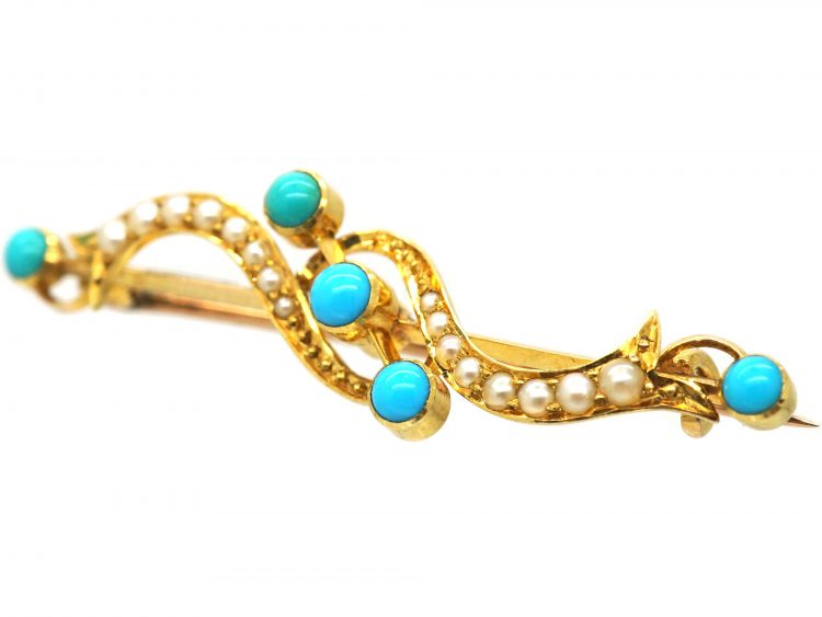 Edwardian 15ct Gold Turquoise & Natural Split Pearl Brooch