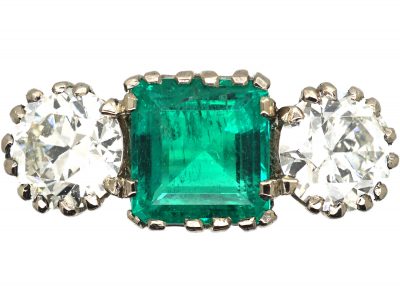 Art Deco Platinum, Columbian Emerald & Diamond Large Three Stone Ring