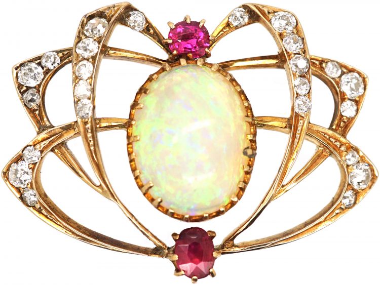 Art Nouveau 18ct Gold Spider Brooch set with an Opal, Rubies & Diamonds