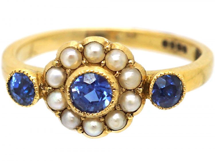 Victorian 18ct Gold, Sapphire & Natural Split Pearl Cluster Ring