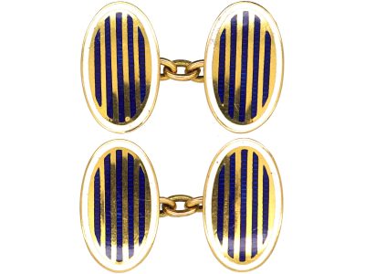 Art Deco 15ct Gold Oval Cufflinks with Blue & White Enamel Stripe Motif