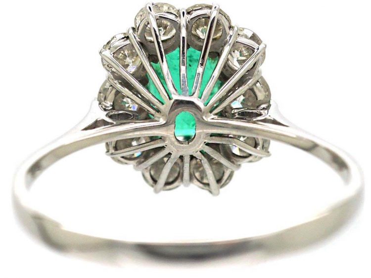 Mid-Century 18ct White Gold, Emerald & Diamond Cluster Ring