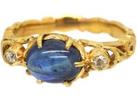 19th Century 18ct Gold, Cabochon Sapphire & Diamond Holbeinesque Style Ring