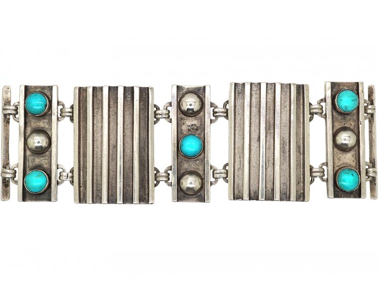 Art Deco Wide Silver & Turquoise Bracelet