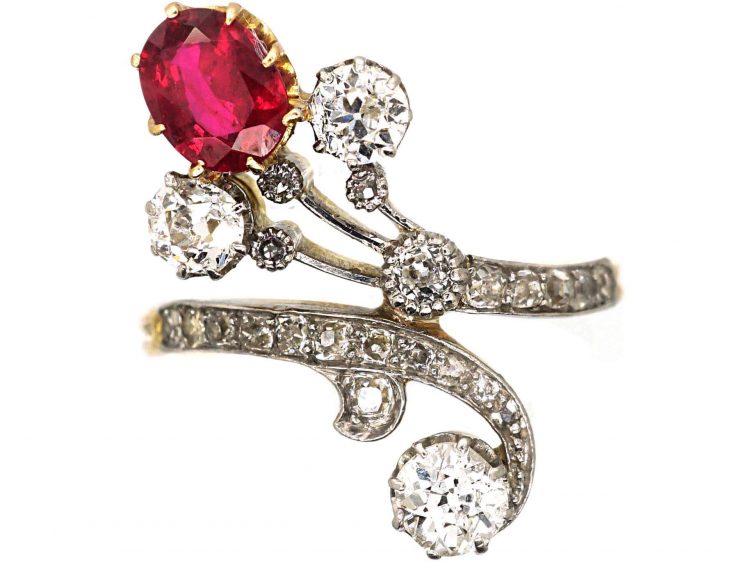 Art Nouveau 18ct Gold & Platinum, Diamond & Ruby Crossover Ring