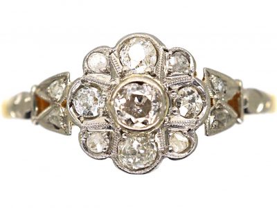 Edwardian 18ct Gold & Platinum, Diamond Cluster Ring with Rose Diamond Shoulders