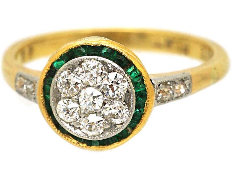 Art Deco 18ct Gold & Platinum, Emerald & Diamond Target Ring