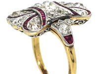Art Deco 18ct Gold & Platinum, Ruby & Diamond Plaque Ring with Ribbon Motif