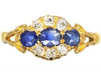 Edwardian 18ct Gold Three Stone Sapphire & Diamond Ring with Ornate Shoulders