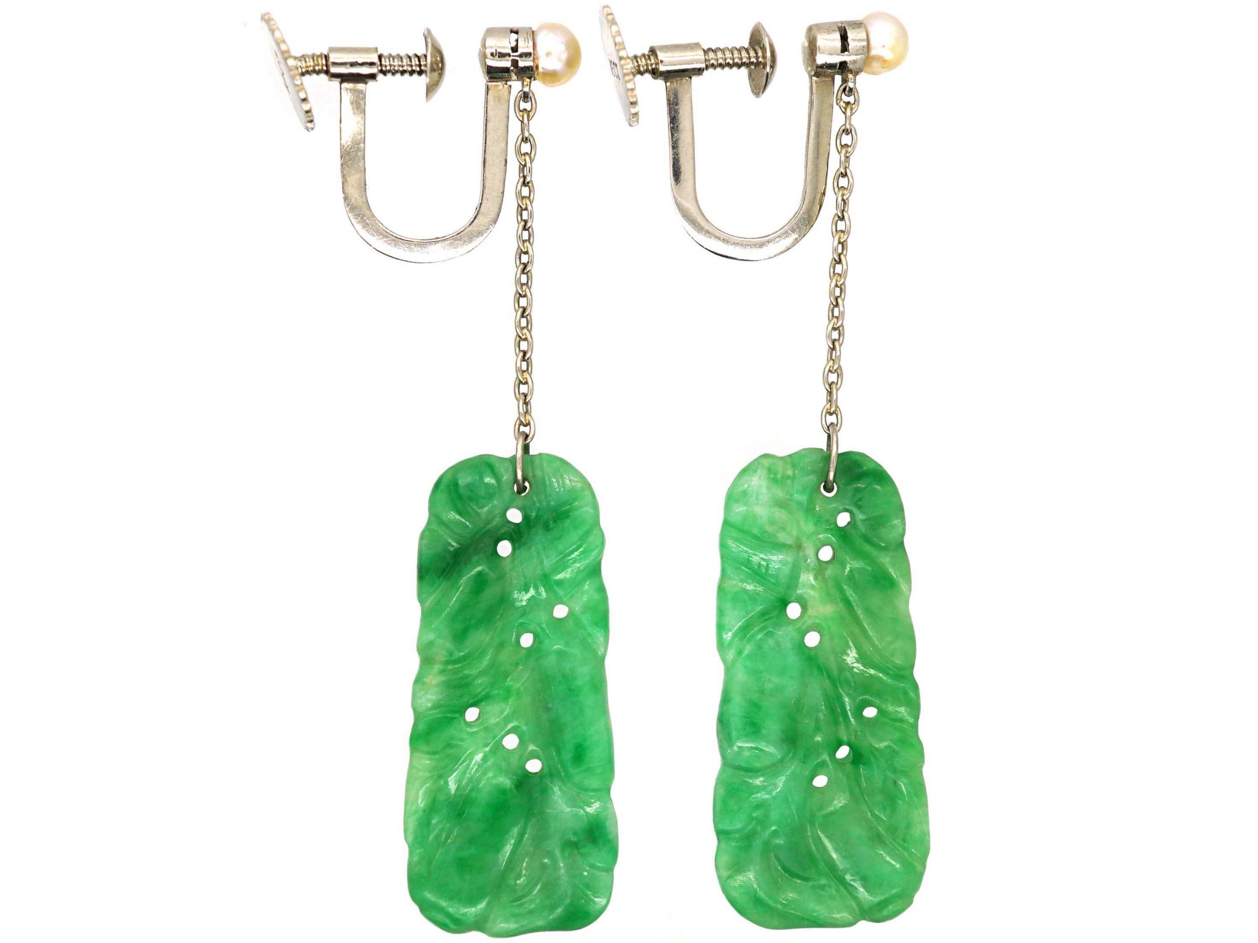 Art Deco 18ct White Gold Jade Drop Earrings (729S) | The Antique ...