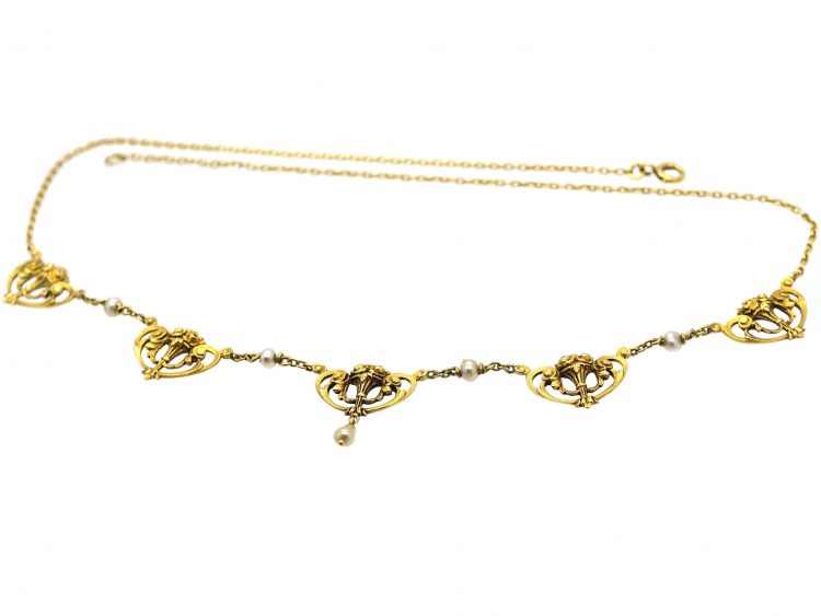 French Belle Epoque 18ct Gold Garland Necklace set with Natural Pearls