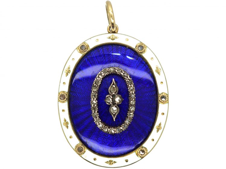 Edwardian 15ct Gold, Oval Blue & White Enamel Pendant with a Glazed Locket