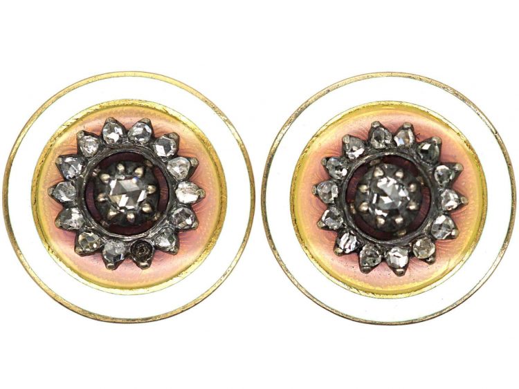 Edwardian 18ct Gold, Peach Enamel & Rose Diamond Round Earrings