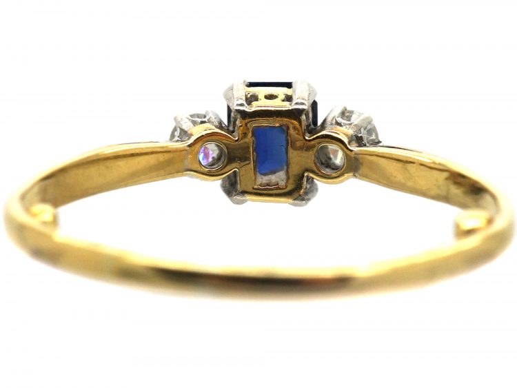 Art Deco 18ct Gold & Platinum, Rectangular Cut Sapphire & Diamond Three Stone Ring
