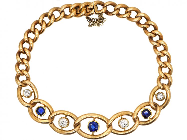 Edwardian 15ct Gold Curb Bracelet set with Sapphires & Diamonds