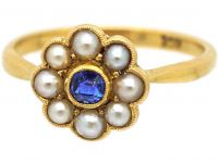 Edwardian 18ct Gold, Sapphire & Natural Split Pearl Cluster Ring