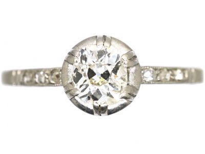 French Art Deco Platinum & Diamond Solitaire with Rose Diamond Shoulders