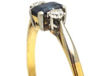 Art Deco 18ct Gold & Platinum, Rectangular Cut Sapphire & Diamond Three Stone Ring