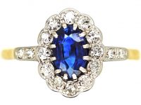 Edwardian 18ct Gold & Platinum, Sapphire & Diamond Cluster Ring with Diamond Set Shoulders