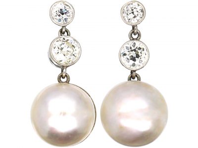 Art Deco 18ct White Gold Mabe Pearl & Diamond Drop Earrings