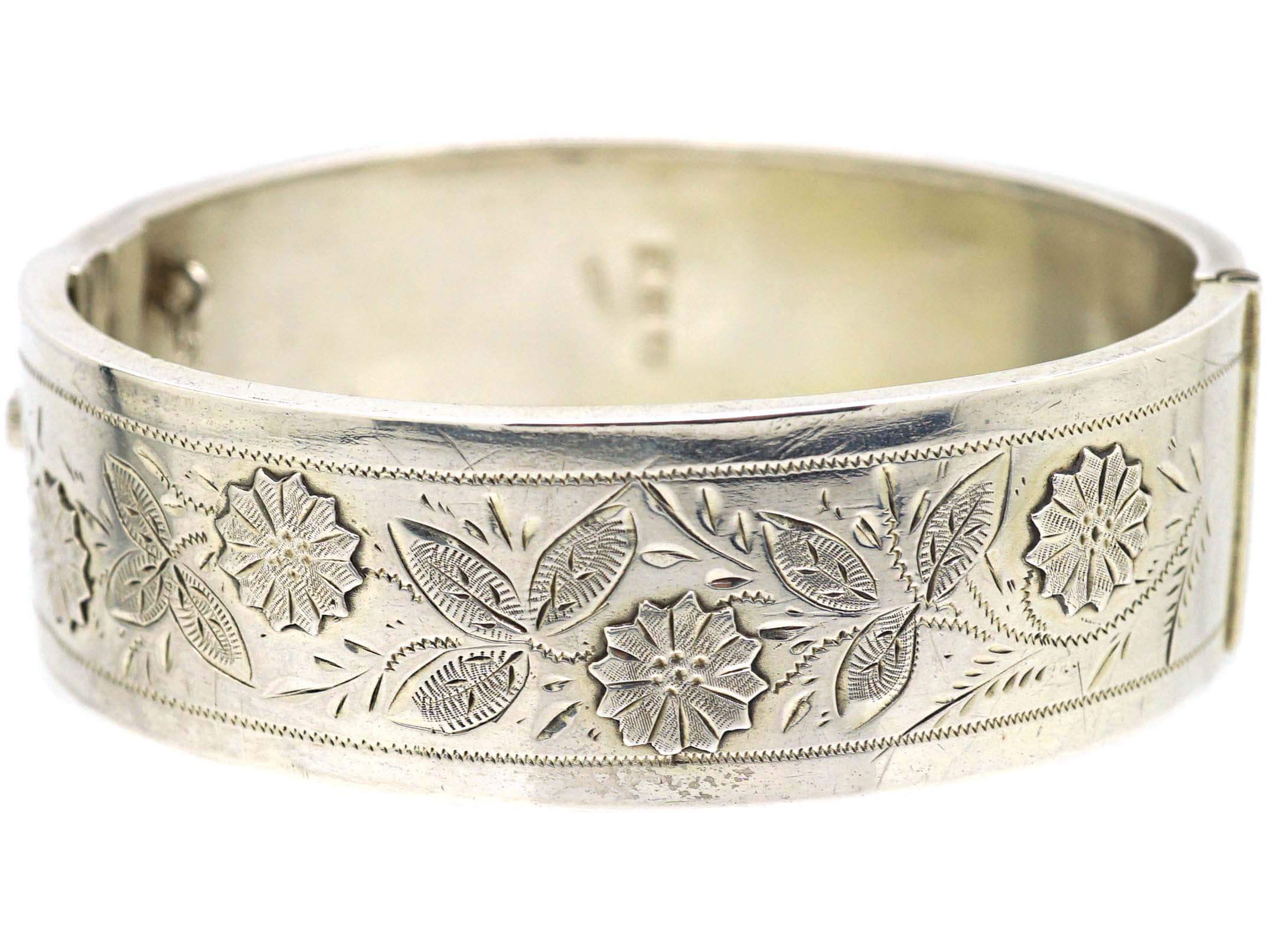 Victorian Silver Bangle with Flowers Motif (833S) | The Antique ...