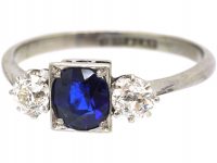 Art Deco 18ct White Gold & Platinum, Sapphire & Diamond Three Stone Ring