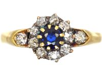 Edwardian 18ct Gold, Sapphire & Diamond Cluster Ring with Diamond set Shoulders