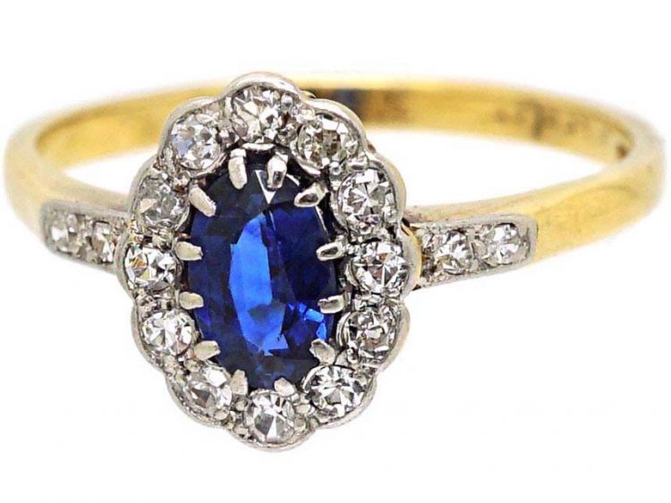 Edwardian 18ct Gold & Platinum, Sapphire & Diamond Cluster Ring with Diamond Set Shoulders