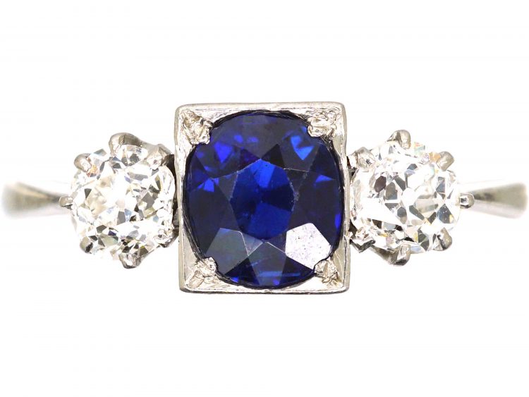 Art Deco 18ct White Gold & Platinum, Sapphire & Diamond Three Stone Ring