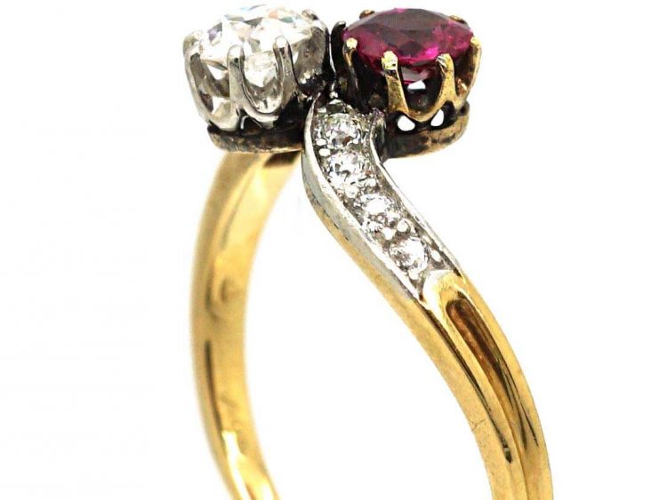 Edwardian 18ct Gold & Platinum, Diamond & Ruby Crossover Ring