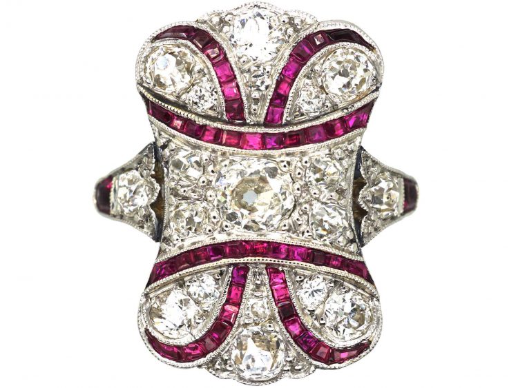 Art Deco 18ct Gold & Platinum, Ruby & Diamond Plaque Ring with Ribbon Motif