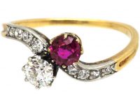 Edwardian 18ct Gold & Platinum, Diamond & Ruby Crossover Ring